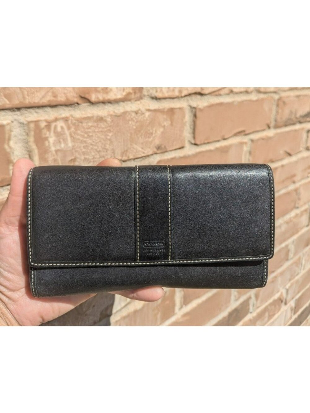 Vintage Y2K Coach Smooth Leather Trifold Wallet Clutch Black W/Contrast Stitch